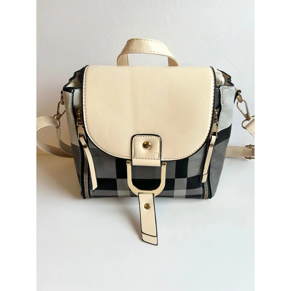 Black White Plaid Backpack Crossbody Bag Set 4 Piece Faux Leather Cream Trim